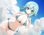  1girl aqua_bikini aqua_eyes aqua_hair bikini blue_sky breasts cleavage dutch_angle front-tie_top hair_between_eyes hiro1984 large_breasts navel side-tie_bikini sky smile solo swimsuit thigh_gap wading 