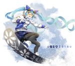  1girl aqua_hair blue_eyes cross_akiha gloves goggles hatsune_miku long_hair pantyhose snowboard solo twintails vocaloid yuki_miku 