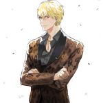  1boy blonde_hair crossed_arms earrings fate/extra fate/extra_ccc fate_(series) gilgamesh jacket jewelry lancelot_(smalock) leopard_print red_eyes solo 