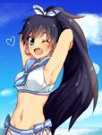  1girl antenna_hair armpits arms_up black_hair blue_eyes earrings fang ganaha_hibiki groin hoop_earrings idolmaster jewelry long_hair looking_at_viewer midriff navel open_mouth ponytail restaint ribbon sailor_swimsuit_(idolmaster) solo 