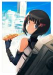  1girl bare_shoulders black_eyes black_hair cheese_trail detached_sleeves eating female fingerless_gloves food gloves hair_ornament hairclip ika looking_at_viewer looking_back lynlee_kuu pizza scenery short_hair solo xenoblade_chronicles_x 