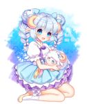  1girl :3 blue_eyes blue_hair blush bow braid hair_bow happy_new_year haruya_(lajoon) horns long_hair new_year open_mouth original sheep sheep_horns skirt socks twin_braids white_legwear 