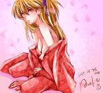  1girl alternate_costume amelie aqua_eyes bare_shoulders blonde_hair breasts cleavage dated hair_ribbon japanese_clothes kimono light_brown_hair long_hair long_sleeves neon_genesis_evangelion no_bra off_shoulder open_clothes open_kimono petals ribbon signature sitting solo souryuu_asuka_langley two_side_up 
