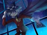  1boy blue_eyes cape card formal gloves hat highres jack_jones joker_(kaitou_joker) kaitou_joker male_focus mask necktie night night_sky open_mouth sada_(sadahalu) silver_hair sky smile solo star_(sky) starry_sky suit top_hat white_gloves 