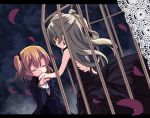 2girls birdcage black_dress bow brown_eyes brown_hair cage closed_eyes commentary_request dress earrings formal grey_hair hair_bow half_updo hand_kiss in_cage jewelry kiss kneeling kousaka_honoka letterboxed love_live!_school_idol_project minami_kotori multiple_girls one_side_up open-back_dress petals shikei_(jigglypuff) suit yuri 