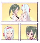  2girls :d ^_^ closed_eyes commentary_request grey_hair hair_ribbon hairband japanese_clothes kantai_collection long_hair megahomu multiple_girls muneate open_mouth ribbon short_hair short_sleeves shoukaku_(kantai_collection) smile twintails white_hair white_ribbon zuikaku_(kantai_collection) 