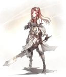  1girl armor belt breasts full_body gauntlets highres long_hair miya_kazutomo original ponytail redhead solo sword violet_eyes weapon 