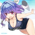  1girl blue_hair blush breasts fang female hair_ornament hair_ribbon i-19_(kantai_collection) kantai_collection large_breasts long_hair name_tag one-piece_swimsuit open_mouth red_eyes ribbon school_swimsuit smile solo sts swimsuit torpedo twintails underwater water wide_hips 