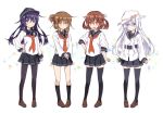  4girls :d akatsuki_(kantai_collection) anchor_symbol black_hair black_legwear black_skirt brown_eyes brown_hair commentary_request fang flat_cap folded_ponytail hair_ornament hairclip hammer_and_sickle hat hibiki_(kantai_collection) ikazuchi_(kantai_collection) inazuma_(kantai_collection) kantai_collection kneehighs long_hair long_sleeves multiple_girls open_mouth pleated_skirt ponytail school_uniform serafuku short_hair silver_hair simple_background skirt sleeves_rolled_up smile sumeragi_hamao thigh-highs verniy_(kantai_collection) white_background 