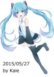  1girl 2015 absurdres aqua_eyes aqua_hair artist_name boots dated detached_sleeves hatsune_miku highres kaieee long_hair necktie open_mouth simple_background skirt solo thigh-highs thigh_boots twintails very_long_hair vocaloid white_background 