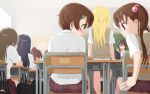  1boy androgynous blush brother_and_sister brown_hair commentary_request crossdressinging desk green_eyes highres looking_at_another multiple_girls original otoko_no_ko school_uniform short_hair siblings sitting skirt sweatdrop twintails yuki18r 
