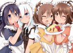  4girls ;) ahoge akatsuki_(kantai_collection) alternate_costume black_eyes black_hair blue_eyes brown_eyes brown_hair folded_ponytail food hair_ornament hairclip hibiki_(kantai_collection) highres ikazuchi_(kantai_collection) inazuma_(kantai_collection) kantai_collection multiple_girls namekuzi_mame one_eye_closed plate ponytail short_sleeves silver_hair smile 