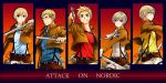  5boys ahoge axis_powers_hetalia blonde_hair blue_eyes blush denmark_(hetalia) finland_(hetalia) glasses grin hair_ornament hairclip iceland_(hetalia) kitou-daidai- multiple_boys norway_(hetalia) shingeki_no_kyojin short_hair smile sweden_(hetalia) three-dimensional_maneuver_gear uniform violet_eyes 