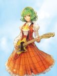  1girl album_cover ascot cover electric_guitar green_hair guitar highres instrument iosys juliet_sleeves kazami_yuuka long_skirt long_sleeves looking_at_viewer matsuda_(matsukichi) open_clothes open_vest puffy_sleeves red_eyes shirt skirt solo touhou vest 