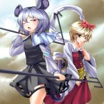  2girls animal_ears asa_(ces6ces8) basket capelet clouds cloudy_sky dowsing_rod dress grey_hair hagoromo hair_ornament hand_on_own_cheek jewelry long_sleeves looking_at_viewer mouse mouse_ears mouse_tail multicolored_hair multiple_girls nazrin one_eye_closed open_mouth pendant red_eyes shawl short_hair skirt skirt_set sky tail tiger_print toramaru_shou touhou two-tone_hair yellow_eyes 