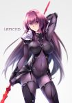  1girl bodysuit breasts character_name fate/grand_order fate_(series) highres kokutou lancer_(fate/grand_order) large_breasts long_hair navel polearm purple_hair red_eyes solo weapon 