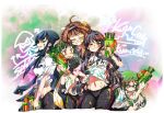  5girls ahoge alabaster_(artist) black_hair blush breasts brown_hair choker closed_eyes collared_shirt crescent_hair_ornament crossover finger_on_trigger gradient_eyes green_eyes green_hair grin hair_bun hair_ornament hair_over_one_eye hairband hand_on_another&#039;s_head hand_on_hip hayashimo_(kantai_collection) highres kantai_collection kongou_(kantai_collection) leaning_forward looking_at_viewer midriff multicolored_eyes multicolored_hair multiple_girls naganami_(kantai_collection) nagatsuki_(kantai_collection) navel open_mouth orange_eyes orange_hair paint_on_face paint_splatter paint_stains payot profile ribbon shirt smile splatoon striped striped_shirt super_soaker takanami_(kantai_collection) tentacle_hair tied_shirt tight_pants violet_eyes water_gun wristband yellow_eyes 
