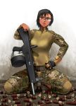  1girl aa-12 black_hair camouflage dark_skin didloaded gloves goggles gun looking_at_viewer military military_uniform original short_hair shotgun shotgun_shells solo tagme uniform weapon woodland_pattern 