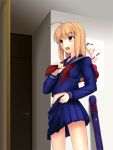  1girl ahoge blonde_hair dressing fate/stay_night fate_(series) green_eyes indoors master_artoria migiha navel open_mouth panties pleated_skirt poster saber school_uniform serafuku skirt solo type-moon underwear 