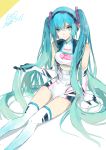  1girl 2015 absurdres aqua_eyes aqua_hair dated elbow_gloves gloves goodsmile_company goodsmile_racing hatsune_miku headphones highres leotard long_hair looking_at_viewer messikid racequeen sitting solo thigh-highs twintails very_long_hair vocaloid white_background 