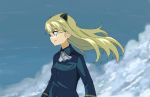  1girl animal_ears blonde_hair blue_sky cat_ears clouds cravat glasses long_hair long_sleeves military military_uniform perrine_h_clostermann shiratama_(hockey) sideways_mouth sky solo strike_witches uniform yellow_eyes 