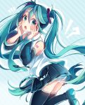  !? 1girl boots detached_sleeves green_eyes green_hair hands_on_own_face hatsune_miku long_hair looking_at_viewer necktie nou open_mouth panties skirt solo striped striped_background striped_panties thigh-highs thigh_boots twintails underwear very_long_hair vocaloid 