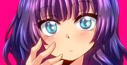  1girl bangs blue_eyes blush close-up eyes face hand_on_own_face highres jinguu_shion long_hair looking_at_viewer natsu_hotaru original pink_background purple_hair simple_background solo 