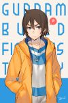  anchor artist_name blue_eyes brown_hair copyright_name dated gundam gundam_build_fighters gundam_build_fighters_try hands_in_pockets jewelry kippu necklace sakai_minato short_hair speech_bubble spoken_squiggle squiggle 