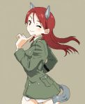  1girl ;) animal_ears blush finger_to_face grey_background long_hair long_sleeves lowres military military_uniform minna-dietlinde_wilcke one_eye_closed red_eyes redhead shiratama_(hockey) simple_background smile solo strike_witches tail uniform wolf_ears wolf_tail 