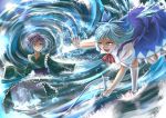  2girls battle blue_dress blue_eyes blue_hair cirno dress fang folded_leg haru-kun head_fins ice japanese_clothes kimono kneehighs long_sleeves looking_at_another mermaid monster_girl multiple_girls obi open_mouth outstretched_arms outstretched_hand partially_submerged ribbon sash short_hair short_sleeves sleeves_past_wrists smile spread_arms standing_on_one_leg tail tail_grab touhou wakasagihime water whirlpool white_legwear wings 