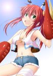  1girl antennae bandages bare_shoulders breasts cleavage crab_claw crab_girl crop_top fang green_eyes ichimi looking_at_viewer midriff navel open_mouth redhead shirt short_shorts shorts sleeveless sleeveless_shirt smile solo under_boob 