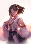  1girl absurdres bare_shoulders black_hair detached_sleeves glasses green-framed_glasses hairband highres japanese_clothes kantai_collection kirishima_(kantai_collection) looking_at_viewer nontraditional_miko semi-rimless_glasses short_hair sketch smile sola7764 solo under-rim_glasses 