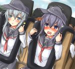  /\/\/\ 4girls @_@ akatsuki_(kantai_collection) anchor_symbol black_hair black_skirt blue_eyes brown_hair commentary_request expressionless flat_cap folded_ponytail hat hibiki_(kantai_collection) ikazuchi_(kantai_collection) inazuma_(kantai_collection) kantai_collection long_hair long_sleeves multiple_girls musical_note open_mouth pleated_skirt ponytail scared school_uniform serafuku short_hair silver_hair skirt thumbs_up trembling wavy_mouth 