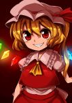  1girl blonde_hair flandre_scarlet glowing glowing_wings grin harusame_(unmei_no_ikasumi) hat hat_ribbon looking_at_viewer mob_cap puffy_short_sleeves puffy_sleeves red_eyes ribbon sash shirt short_sleeves side_ponytail skirt skirt_set smile solo touhou vest wings 