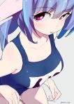  1girl artist_name blue_hair breasts grey_background hair_between_eyes i-19_(kantai_collection) kantai_collection large_breasts looking_at_viewer school_swimsuit simple_background so_shina solo swimsuit twintails violet_eyes 
