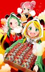  3girls ;q animal_hat blonde_hair blush china_dress chinese_clothes double_bun food green_hair gumi hair_bun hair_ornament hairclip hat kagamine_rin kashi-k looking_at_viewer mika-chan multiple_girls nikuman one_eye_closed open_mouth panda_hat pink_hair red_eyes short_hair smile tongue tongue_out vocaloid wide_sleeves yie_ar_fan_club_(vocaloid) 