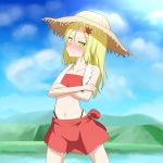  1girl aki_shizuha alternate_hair_length alternate_hairstyle bikini blonde_hair blush cato_(monocatienus) clouds cloudy_sky collarbone crossed_arms hair_ornament hat highleg highleg_bikini highleg_swimsuit leaf_hair_ornament navel sarong sky solo straw_hat sun_hat swimsuit touhou water wavy_mouth yellow_eyes 