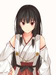  1girl black_hair cosplay detached_sleeves haruna_(kantai_collection) haruna_(kantai_collection)_(cosplay) highres isokaze_(kantai_collection) kanpyo_(hghgkenfany) kantai_collection long_hair looking_at_viewer nontraditional_miko red_eyes smile solo 