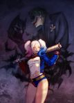  baseball_bat belt blonde_hair blue_eyes blue_hair choker eyeshadow fishnet_legwear fishnets harley_quinn highres jacket makeup na_in-sung nail_polish pink_hair short_shorts shorts suicide_squad the_joker torn_clothes twintails 