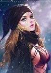  1girl blonde_hair blue_eyes breasts coat gotgituey hat lip_piercing lips long_hair looking_at_viewer nose_ring piercing signature skindentation solo 