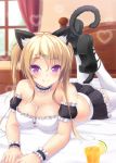  1girl animal_ears between_breasts blonde_hair cat_ears cat_tail frilled_choker frilled_skirt frills hair_ornament hairclip heart looking_at_viewer lying maid on_bed on_stomach orange_juice original skirt smile straw tail thigh-highs tiphereth twintails violet_eyes white_legwear 