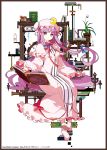  1girl bangs blunt_bangs book boots bow candle crescent hair_bow hat highres ideolo long_hair long_sleeves looking_at_viewer patchouli_knowledge payot plant potted_plant purple_hair simple_background sitting solo touhou violet_eyes white_background 