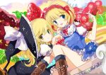  2girls alice_margatroid blonde_hair blue_dress blue_eyes blush boots bow braid cierra_(ra-bit) cup dress food fork frills fruit hair_bow hair_ornament hairband hat hat_ribbon in_container in_cup jpeg_artifacts kirisame_marisa long_hair looking_at_viewer multiple_girls open_mouth puffy_sleeves ribbon short_hair short_sleeves side_braid single_braid sitting smile sparkle strawberry touhou upskirt vest witch_hat yellow_eyes 