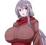  1girl blue_eyes breasts dragon_yukano huge_breasts japanese_clothes long_hair ninja_slayer open_mouth purple_hair red_scarf scarf simple_background solo white_background 