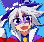  1boy adjusting_clothes adjusting_hat blue_background blue_eyes cape formal gloves grey_hair hat jack_jones joker_(kaitou_joker) kaitou_joker male_focus mask necktie open_mouth simple_background smile solo suit top_hat white_gloves 