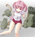  1girl arm_support buruma from_above gym_uniform hair_bobbles hair_ornament kantai_collection looking_at_viewer looking_up machinery pink_eyes pink_hair rabbit sazanami_(kantai_collection) sitting smile taishi_(moriverine) twintails white_legwear 