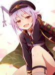  1girl :d brown_eyes cape cosplay doseki_udon hotarumaru hotarumaru_(cosplay) idolmaster idolmaster_cinderella_girls koshimizu_sachiko looking_at_viewer open_mouth purple_hair short_hair smile solo touken_ranbu 