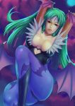  1girl arms_behind_head bare_shoulders bat_print bat_wings boots breasts cleavage collarbone demon_girl elbow_gloves gloves green_eyes green_hair head_wings heart_cutout large_breasts leotard lips long_hair looking_at_viewer masa0430 morrigan_aensland nose open_mouth print_legwear realistic smile solo succubus vampire_(game) wings 