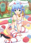  1girl :d animal_ears arm_support bell bell_choker blue_hair blue_ribbon bra carrot choker door fang flower frilled_bra frills green_eyes hair_ornament hair_ribbon heart_print highres light_rays long_hair open_mouth original outdoors panties rabbit_ears red_ribbon ribbon ribbon_choker rose shoes_removed side-tie_panties sitting smile solo star thigh-highs tiphereth tree twintails underwear wariza 