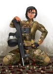  1girl aa-12 black_hair camouflage dark_skin didloaded gloves goggles gun load_bearing_vest looking_at_viewer military military_uniform original short_hair shotgun shotgun_shells solo tagme uniform weapon woodland_pattern 